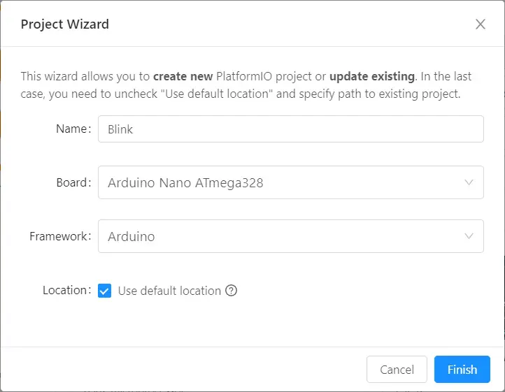 PlatformIO new project wizard